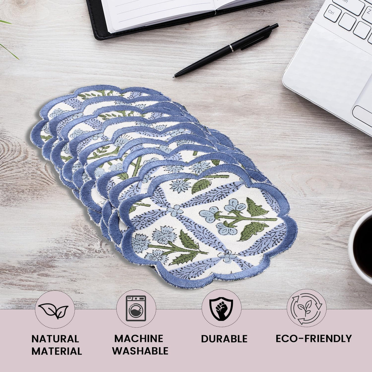 Ridhi 8-Pcs 100% Cotton Hand Block Print Drink Coasters 5" in Steel Blue