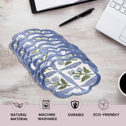 Ridhi 8-Pcs 100% Cotton Hand Block Print Drink Coasters 5" in Steel Blue