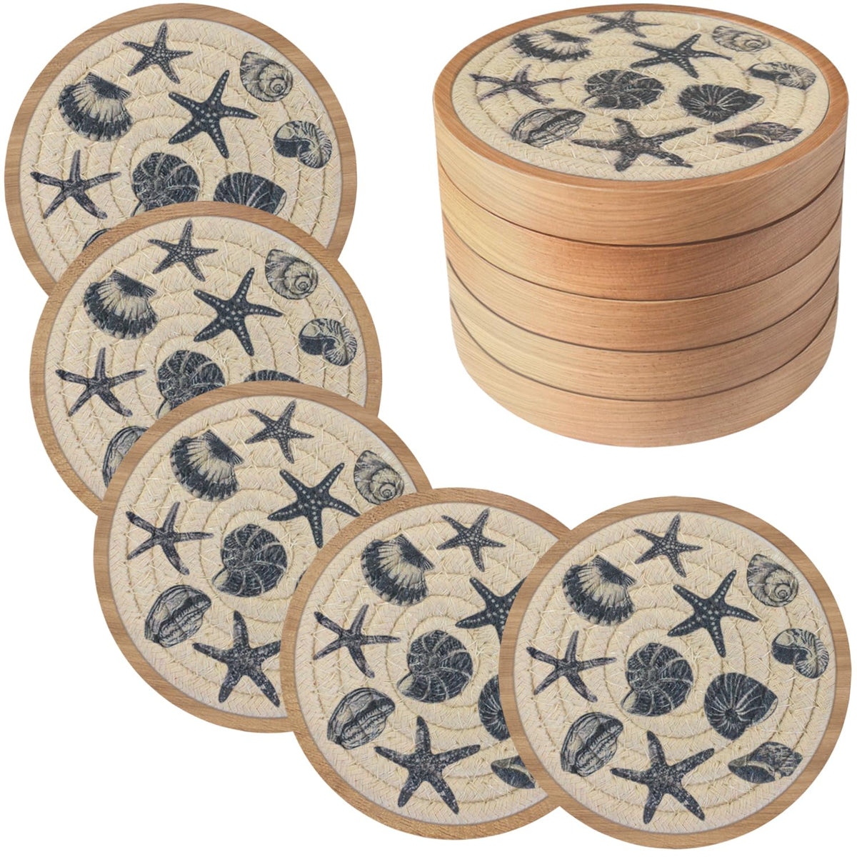 Eykao 5 Pack Coasters for Drinks Absorbent, 4.3 inches Woven Coasters for Coffee Tables, Wooden Drink Coasters for Table Protection, Reusable Drink Coasters for Kitchen, Farmhouse, Bar, Office, Brown