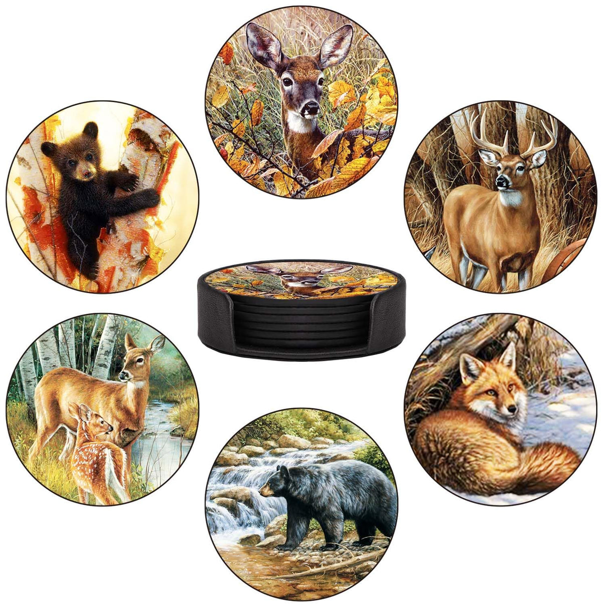 Coasters Set of 6 - Van Gogh Style PU Leather Coasters for Drinks with Holder - Handmade Round Drink Coasters Set for Home Decor and Housewarming Gift