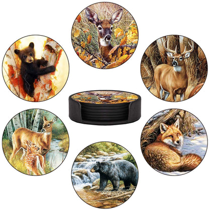Coasters Set of 6 - Van Gogh Style PU Leather Coasters for Drinks with Holder - Handmade Round Drink Coasters Set for Home Decor and Housewarming Gift