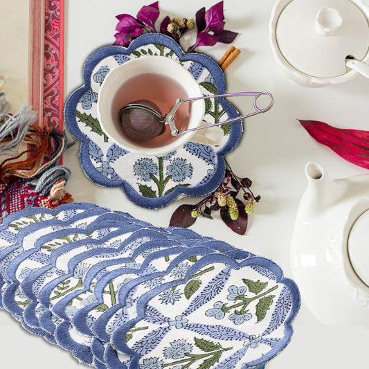 Ridhi 8-Pcs 100% Cotton Hand Block Print Drink Coasters 5" in Steel Blue