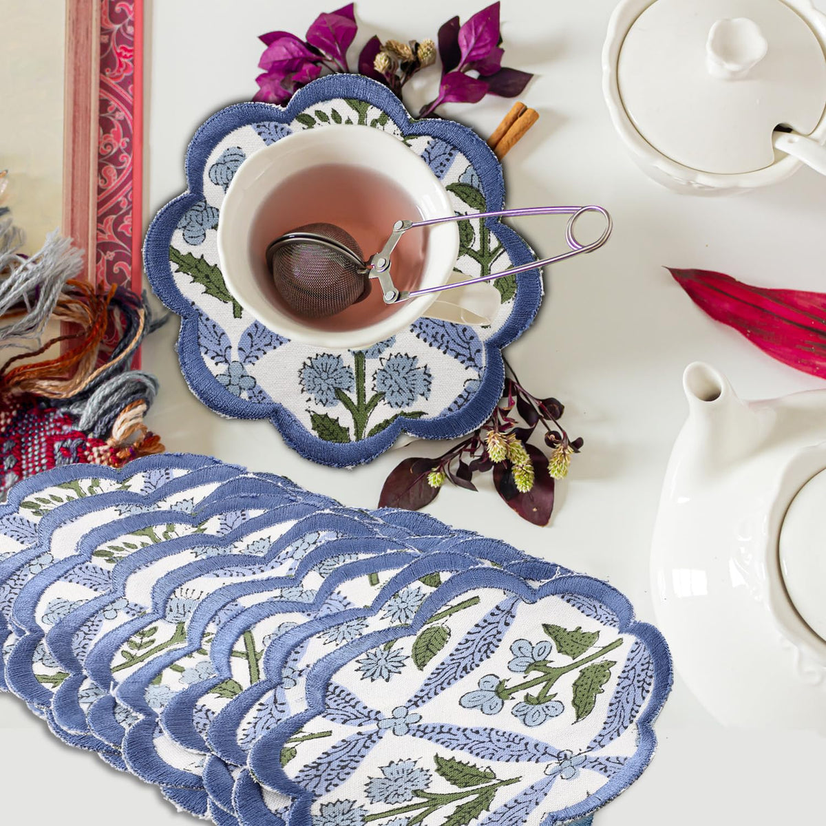 Ridhi 8-Pcs 100% Cotton Hand Block Print Drink Coasters 5" in Steel Blue