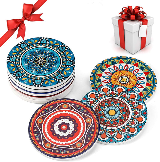 Coasters for Drinks,AODINI Set of 8 Absorbent Stone Coasters for Wooden Table, Mandala Ceramic with Cork Base, Gift for Housewarming Birthday and Family - Great Home and Dining Room Decor