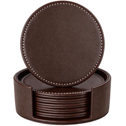 Set of 6 Round Leather Coasters for Drinks with Holder, 4" (Brown)