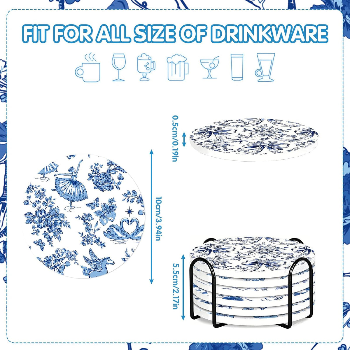 Blue and White Coasters Set of 6, Blue White Floral Ceramic Coasters with Holder Cork Base, Drink Absorbent Coffee Table Protection Home Decor, Christmas Housewarming Gifts