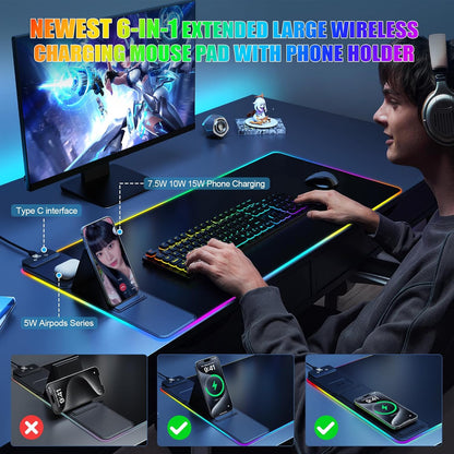 Wireless Charging RGB Mouse Pad with Phone Stand, Large Gaming Desk Mat