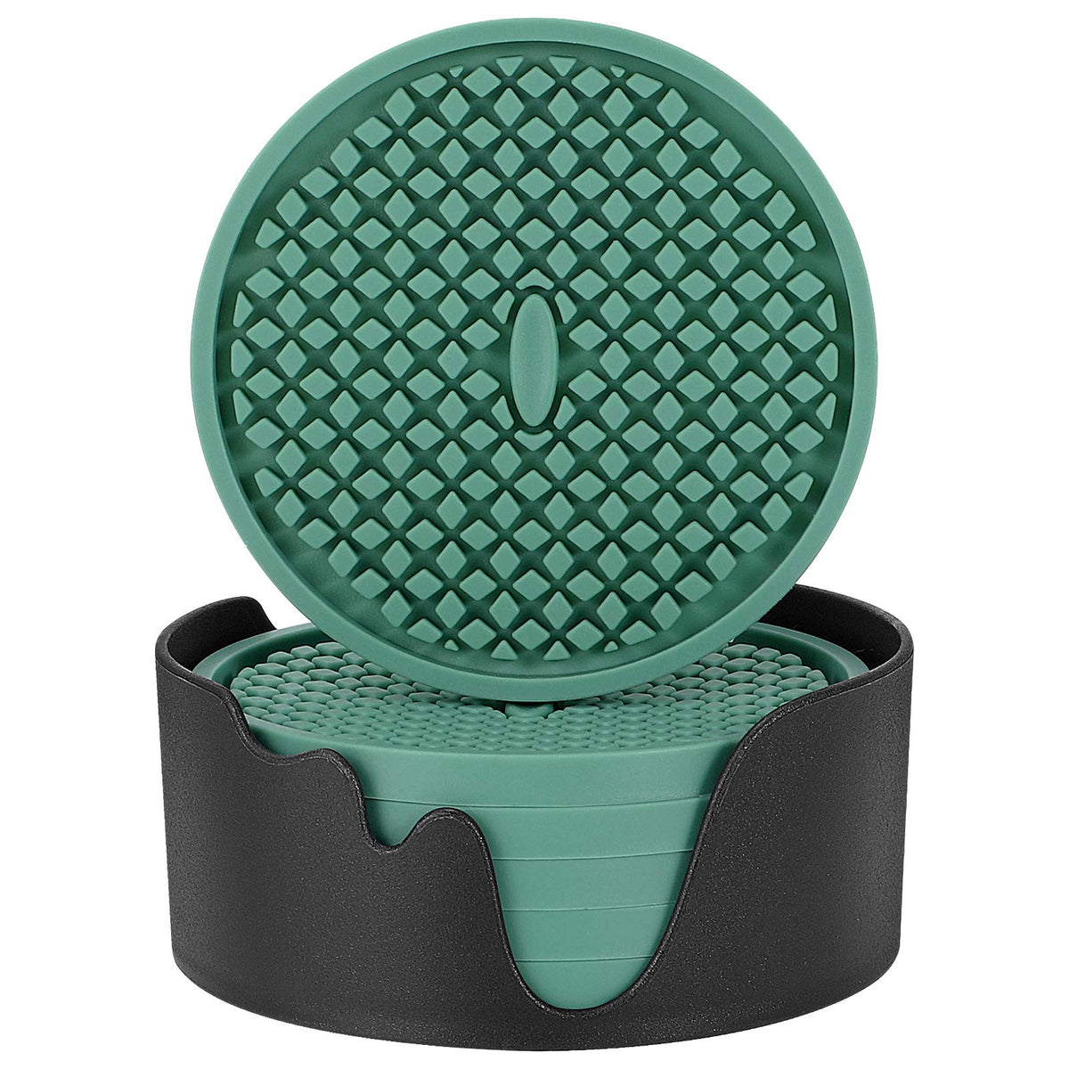 ME.FAN Silicone Coasters [6 Pack] Thickened Drink Coasters with Holder - Cup Mat - Non-Slip, Non-stick, Stay Put, Deep Tray - Prevents Furniture and Tabletop Damages(Black)