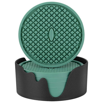 ME.FAN Silicone Coasters [6 Pack] Thickened Drink Coasters with Holder - Cup Mat - Non-Slip, Non-stick, Stay Put, Deep Tray - Prevents Furniture and Tabletop Damages(Black)