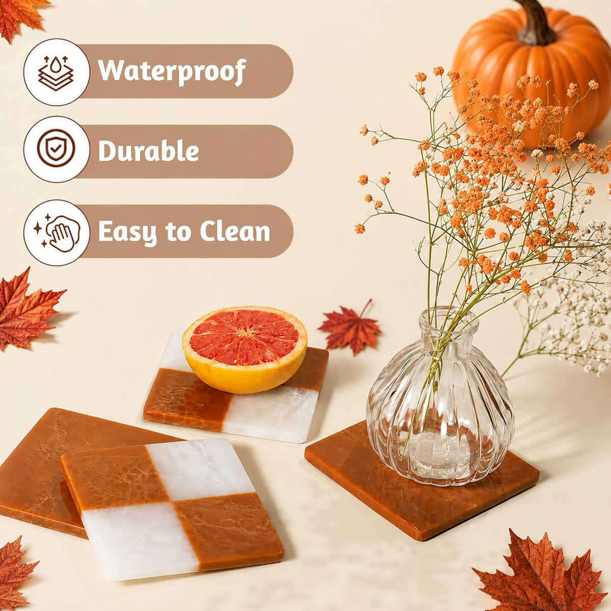 Folkulture Cute Fall Coasters, Set of 4, Non Slip, Easy to Clean - 4 Inch