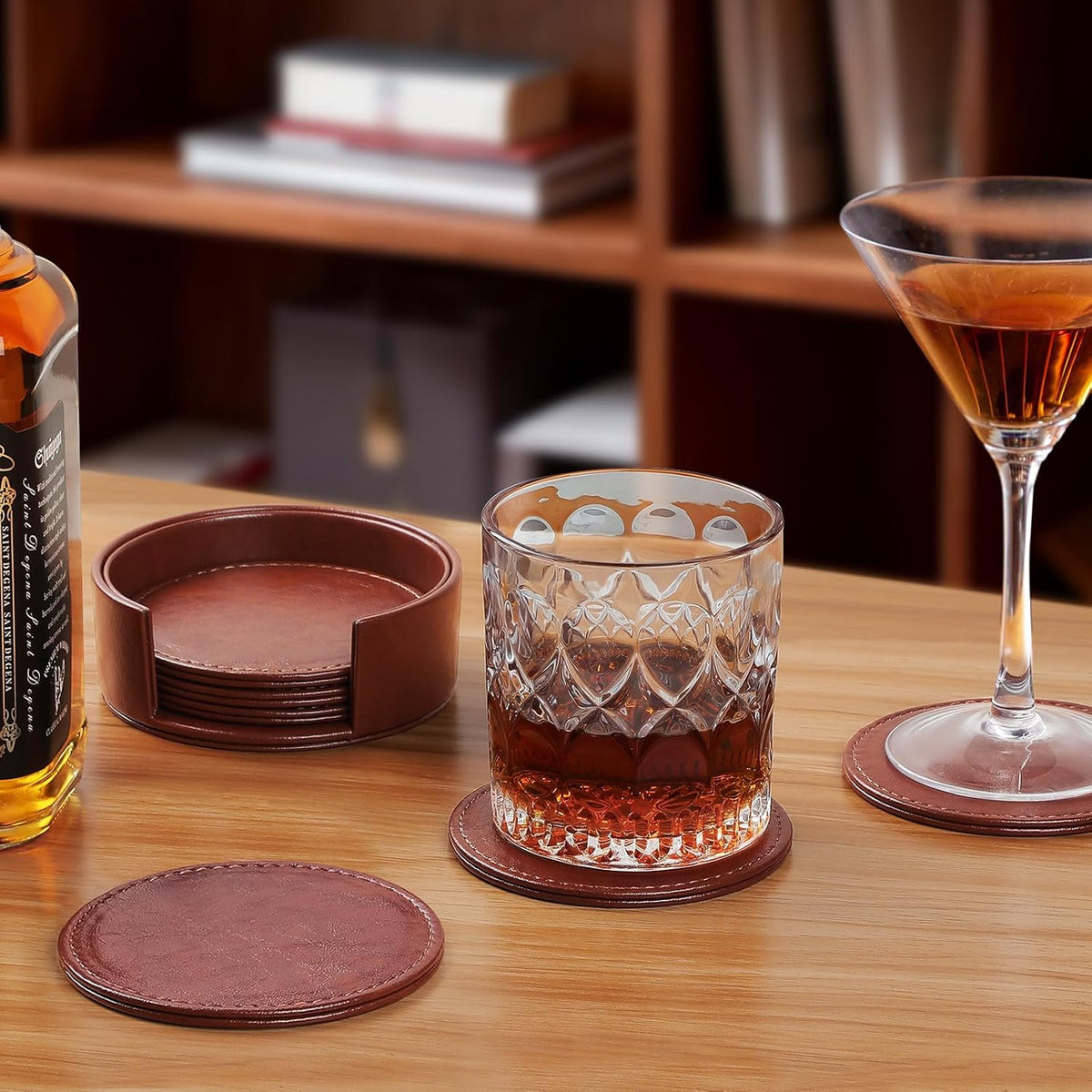 Leather Coasters Set of 6 with Holder, Tabletop Protection, Coffee Table & Bar Decoration, Modern-Style Drink Coasters Suitable for Home Dining Tables & Kitchen Accessories (Brown)