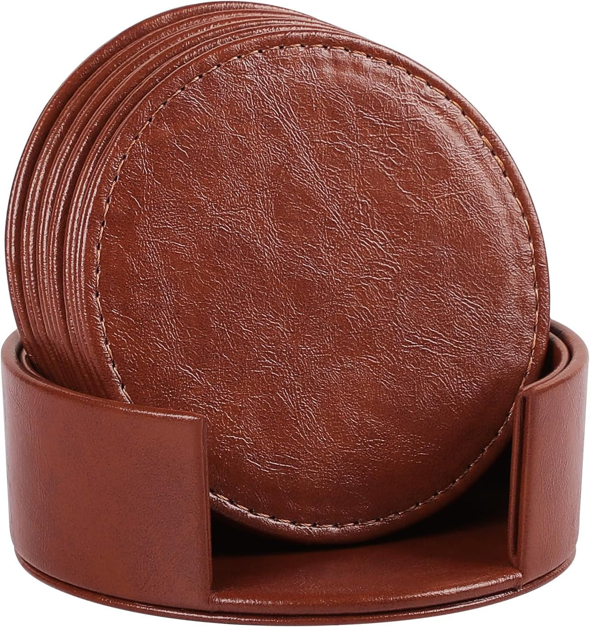 Leather Coasters Set of 6 with Holder, Tabletop Protection, Coffee Table & Bar Decoration, Modern-Style Drink Coasters Suitable for Home Dining Tables & Kitchen Accessories (Brown)