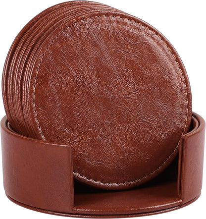 Leather Coasters Set of 6 with Holder, Tabletop Protection, Coffee Table & Bar Decoration, Modern-Style Drink Coasters Suitable for Home Dining Tables & Kitchen Accessories (Brown)