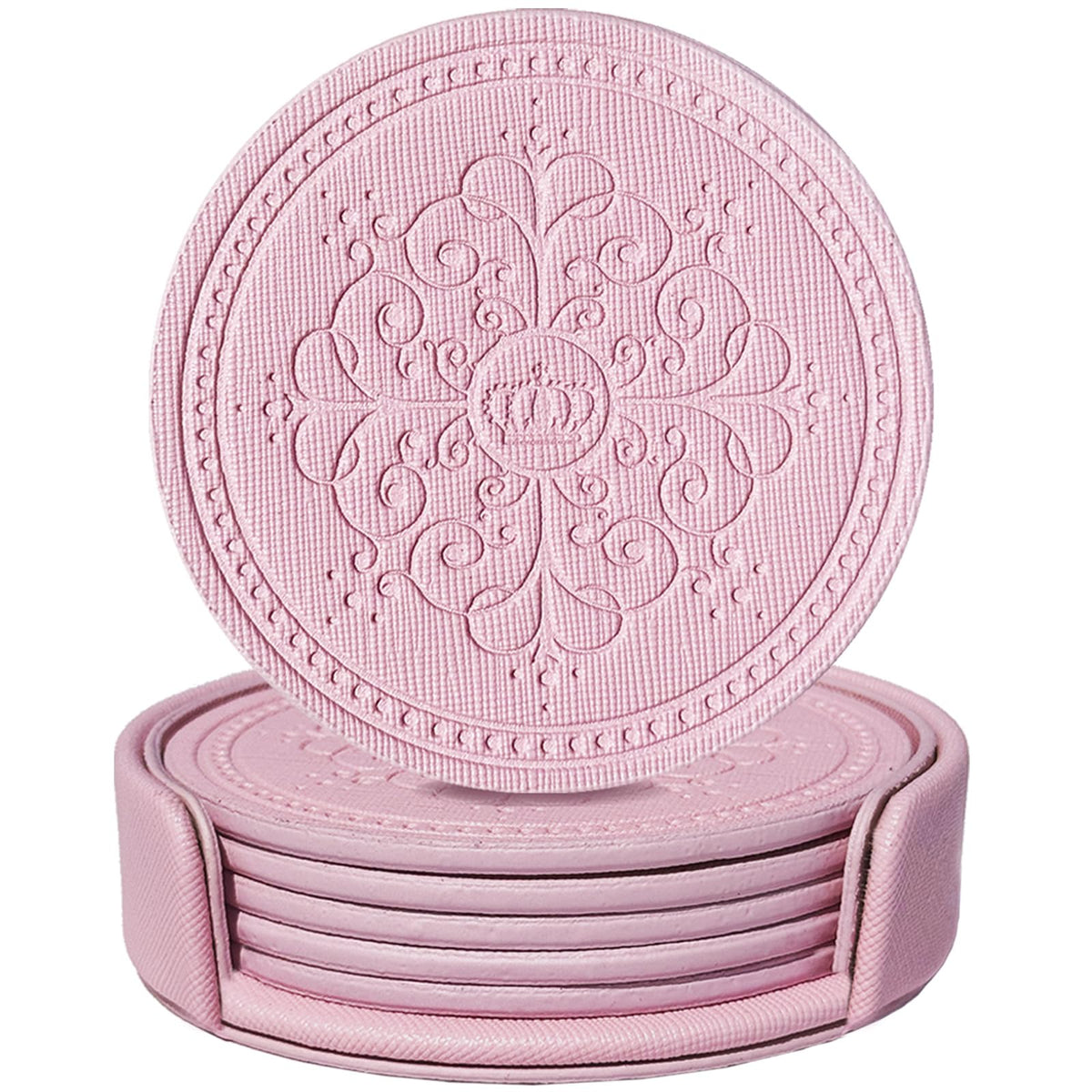 Coasters Set of 6 - PU Leather Coasters for Drinks with Holder - Gold
