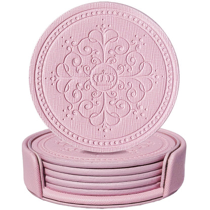 Coasters Set of 6 - PU Leather Coasters for Drinks with Holder - Gold