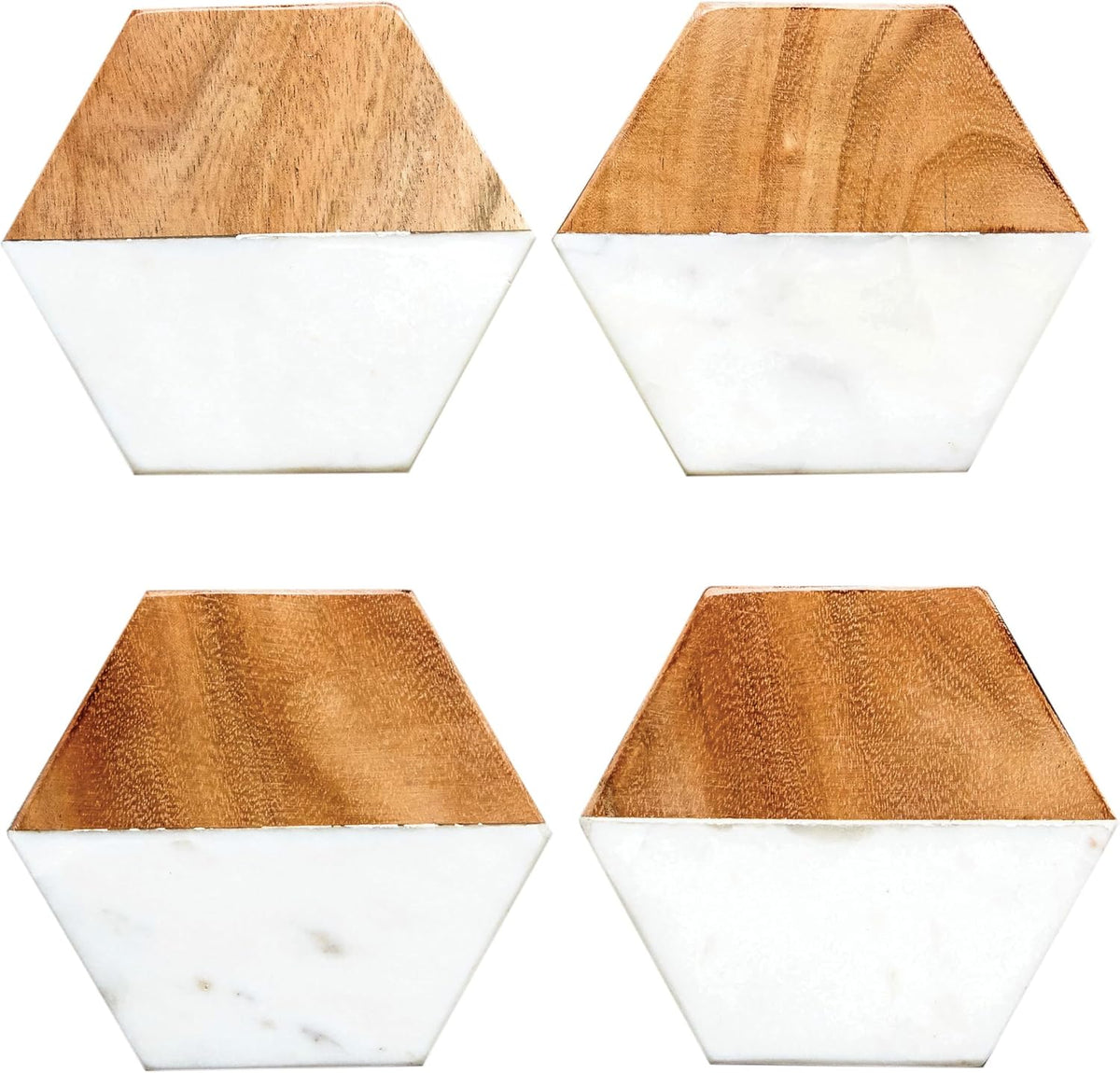 Creative Co-Op 4-Piece Marble and Mango Wood Hexagon Coasters, White and Natural