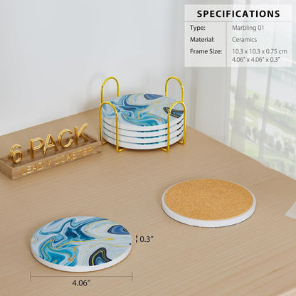 6Pcs/Set Marble Abstract Ceramic Coasters with Holder, Absorbent Drink Coasters, Coffee Cup Coaster,Round Ceramic Table Coasters Set Decorative