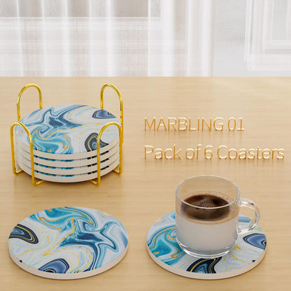 6Pcs/Set Marble Abstract Ceramic Coasters with Holder, Absorbent Drink Coasters, Coffee Cup Coaster,Round Ceramic Table Coasters Set Decorative
