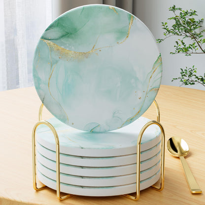 6Pcs/Set Marble Abstract Ceramic Coasters with Holder, Absorbent Drink Coasters, Coffee Cup Coaster,Round Ceramic Table Coasters Set Decorative