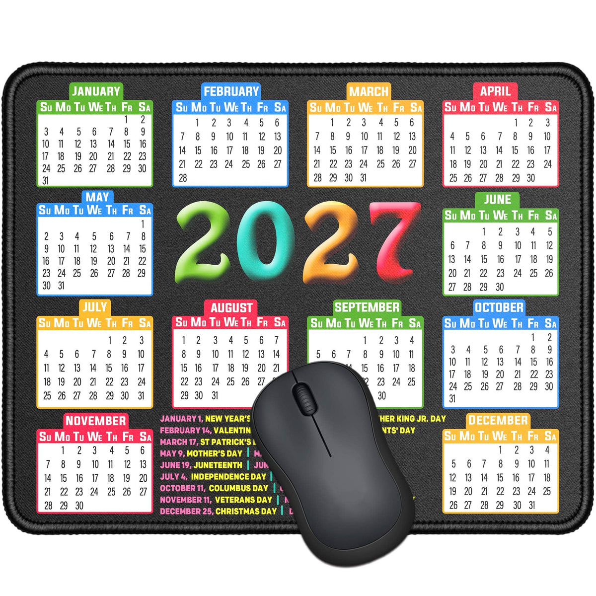 Mouse Pad, 2027 Calendar Black, Stitched Edge