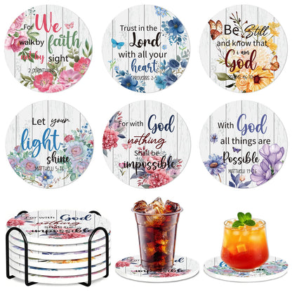 Blue and White Coasters Set of 6, Blue White Floral Ceramic Coasters with Holder Cork Base, Drink Absorbent Coffee Table Protection Home Decor, Christmas Housewarming Gifts