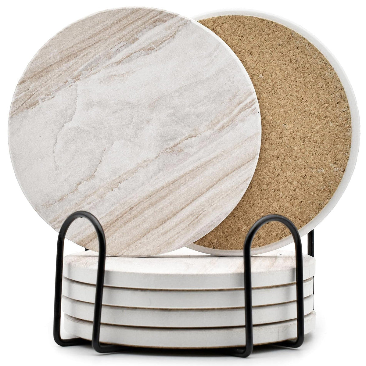 6Pcs Absorbent Coasters Set with Holder,Ceramic Drink Coaster,4 in（A6）