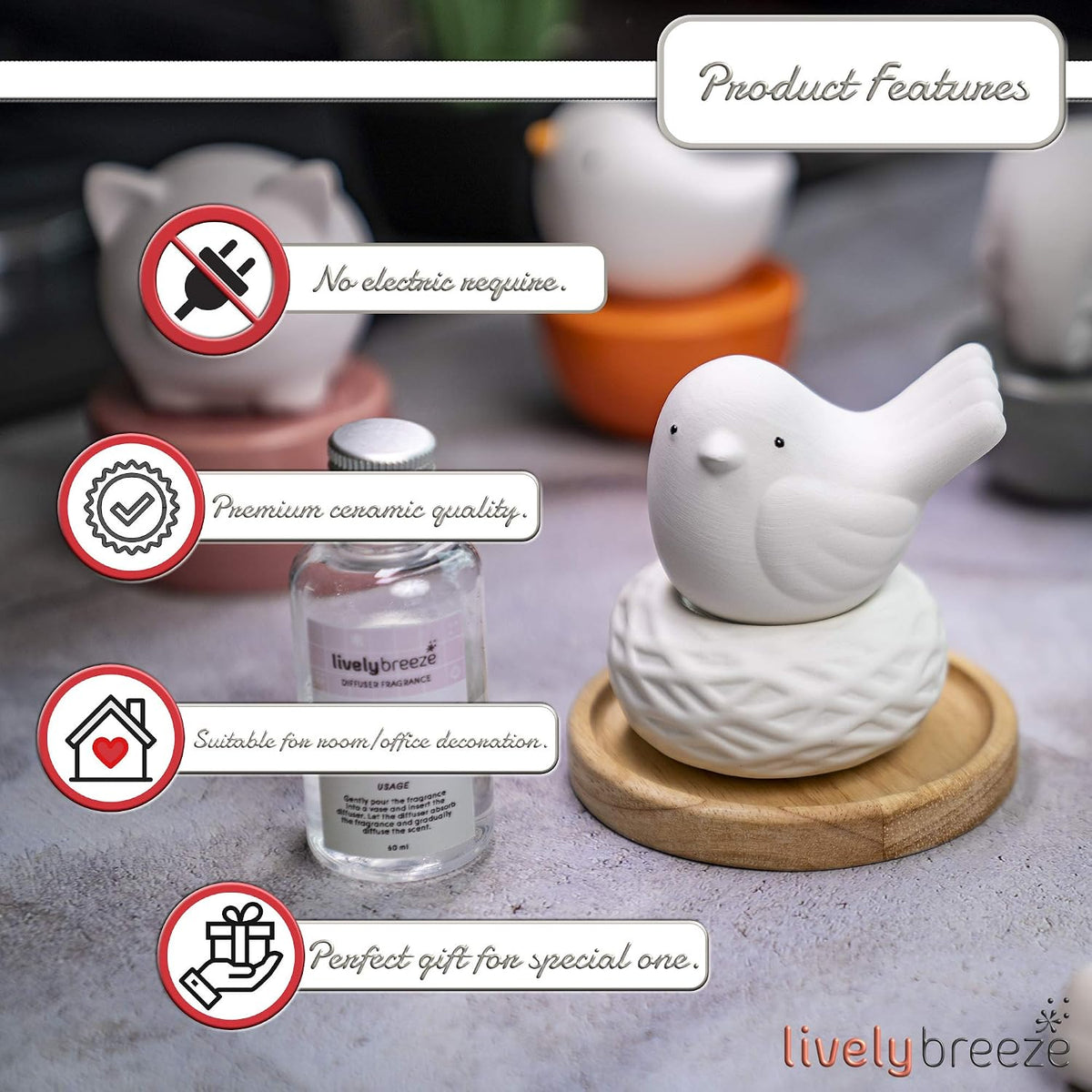 Little Bird Nest, Non-Electric Ceramic Diffusers for Essential Oils and Aromatherapy Fragrance, White Ceramic Diffusers in Car or Bathroom and Desk Office Decor, White Vase