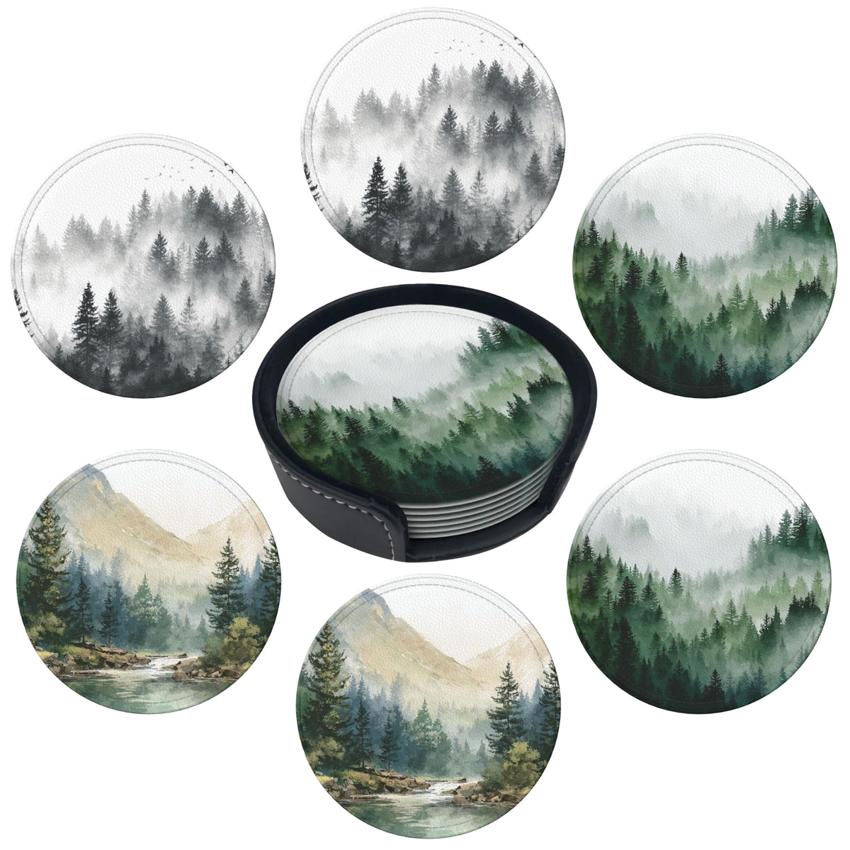 Marble Coasters Leather Round Drink Coasters 6 Pcs Set with Holderor for Cup Drink Coffee Table Bar Home Decor