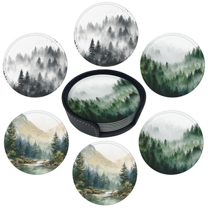 Marble Coasters Leather Round Drink Coasters 6 Pcs Set with Holderor for Cup Drink Coffee Table Bar Home Decor