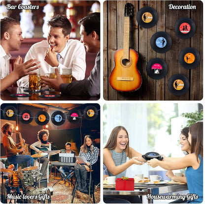 Retro Vinyl Record Coasters with Player, Set of 6 Music Coasters for Drinks