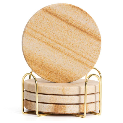Absorbent Sandstone Drink Coasters Set of 6 with Holder, 4" Round