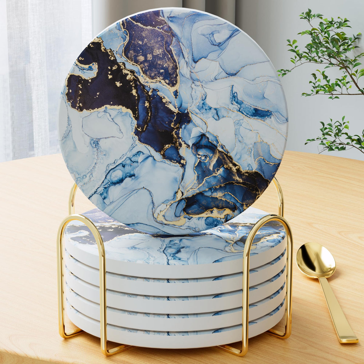 6Pcs/Set Marble Abstract Ceramic Coasters with Holder, Absorbent Drink Coasters, Coffee Cup Coaster,Round Ceramic Table Coasters Set Decorative