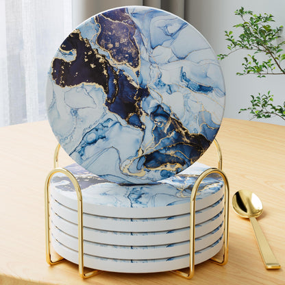 6Pcs/Set Marble Abstract Ceramic Coasters with Holder, Absorbent Drink Coasters, Coffee Cup Coaster,Round Ceramic Table Coasters Set Decorative