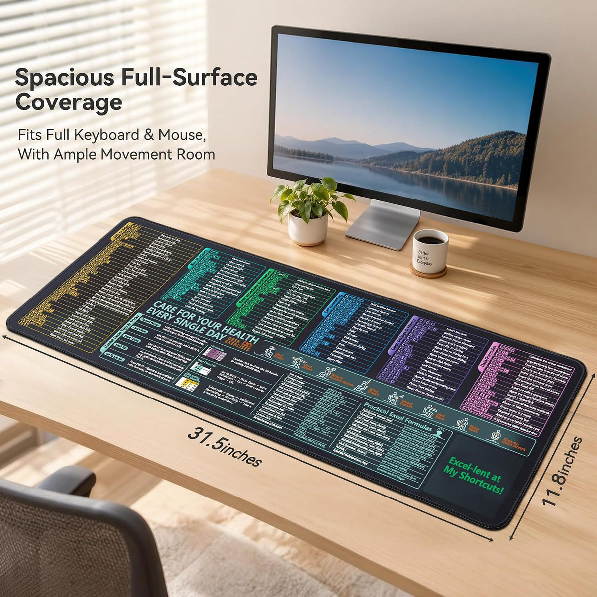 Excel Cheat Sheet Desk Pad and Gaming Mouse Pad with A Non-Slip Rubber Base
