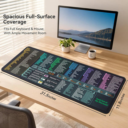 Excel Cheat Sheet Desk Pad and Gaming Mouse Pad with A Non-Slip Rubber Base