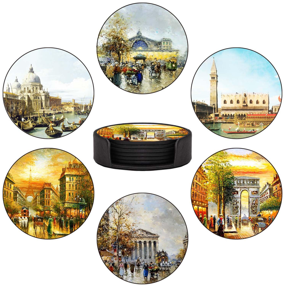 Coasters Set of 6 - Van Gogh Style PU Leather Coasters for Drinks with Holder - Handmade Round Drink Coasters Set for Home Decor and Housewarming Gift