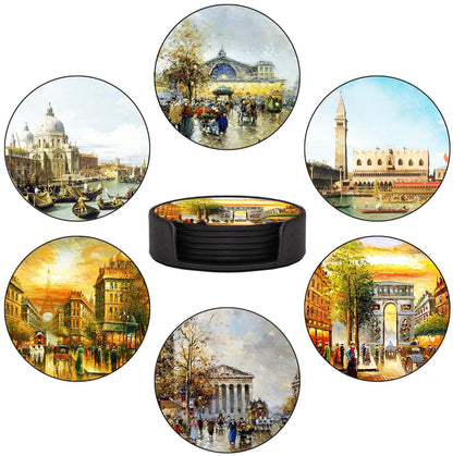 Coasters Set of 6 - Van Gogh Style PU Leather Coasters for Drinks with Holder - Handmade Round Drink Coasters Set for Home Decor and Housewarming Gift