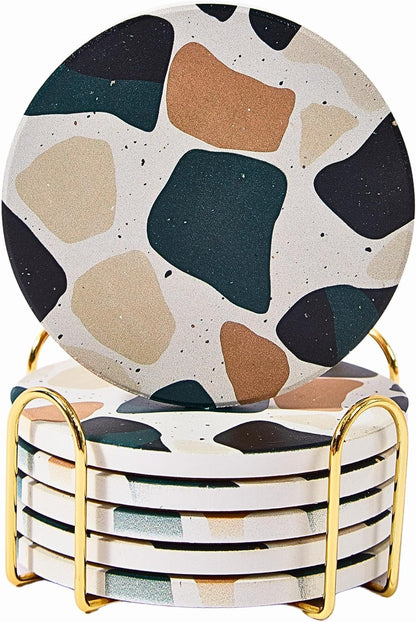 Terrazzo Coasters Set of 6, Colorful Boho Absorbent Ceramic Coasters
