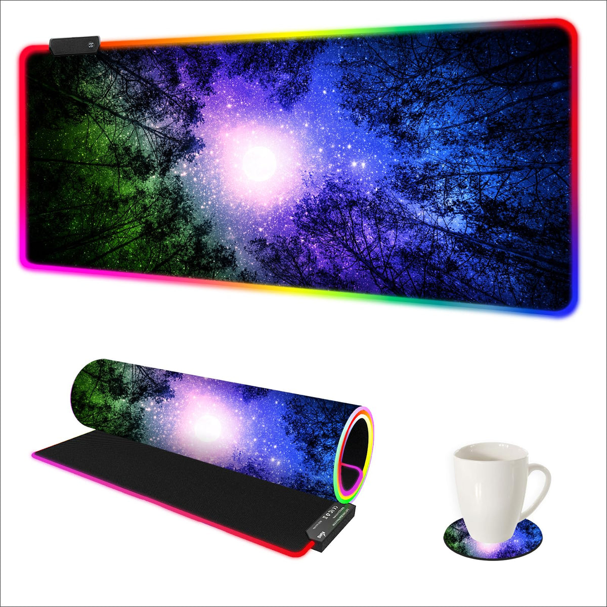 ARTSO RGB Gaming Mouse Pad Large, Extended LED Mouse Mat XXL 35.4x15.7 inch, 14 Lighting Modes, 2 Brightness, Non-Slip Rubber Base Mousepad Waterproof Keyboard Mat,Fantasy Nebula Sky