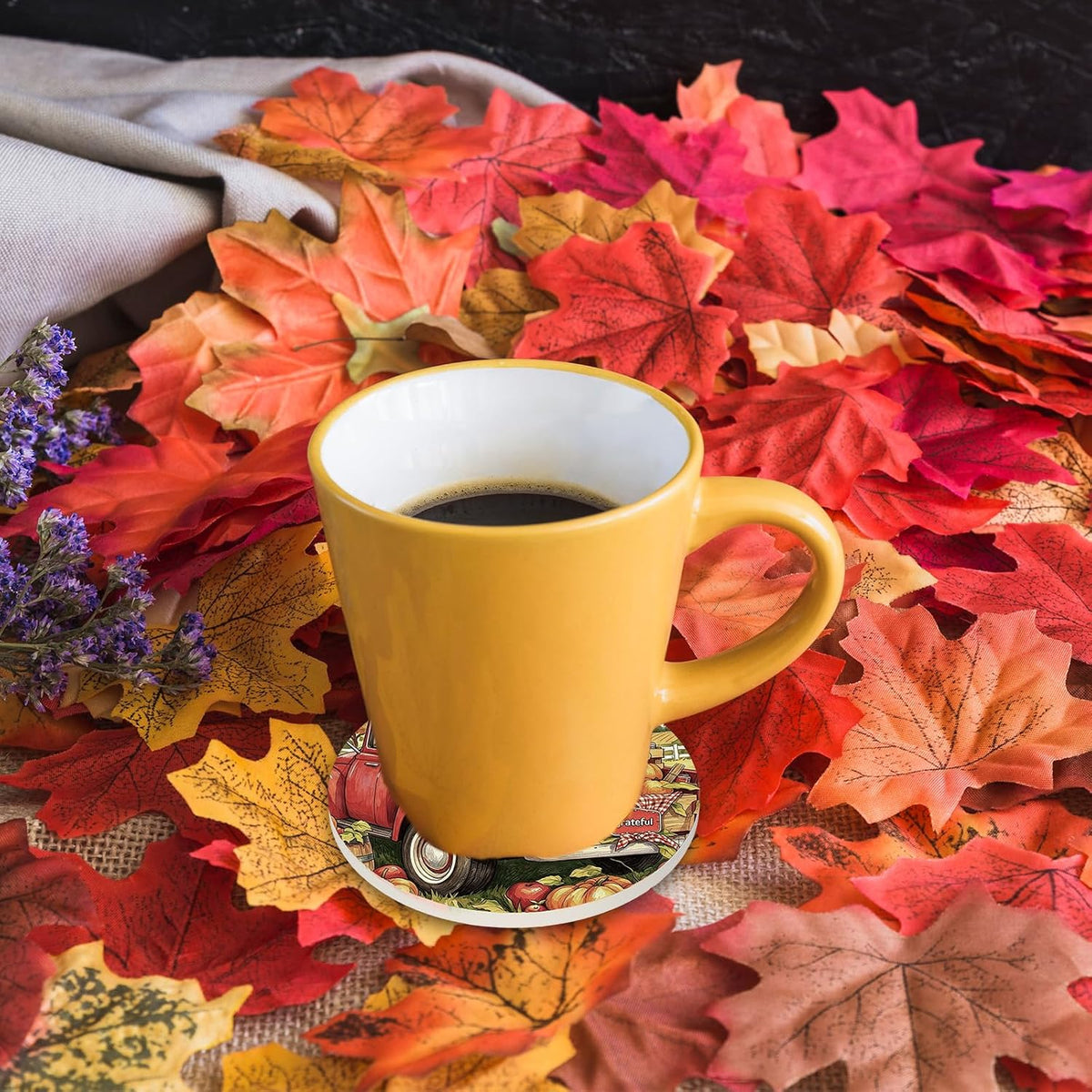 Whaline 6Pcs Fall Ceramic Coasters with Holder Pumpkin Truck Sunflower Bucket Drink Coaster Retro Farmhouse Heat-Resistant Cup Mats for Autumn Thanksgiving Home Party Tabletop Decor