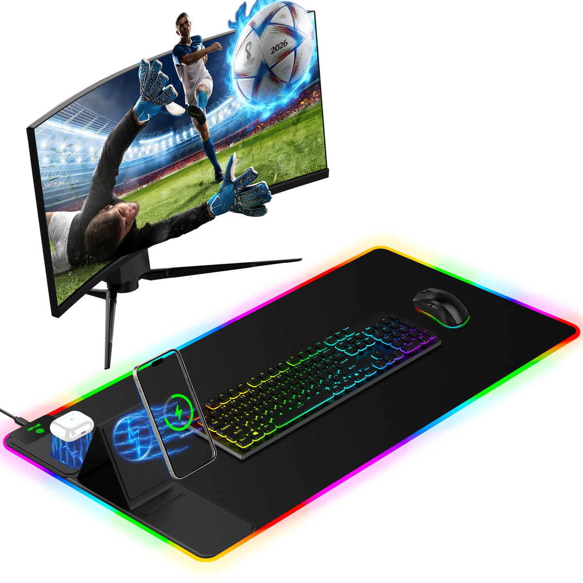 XXL Mouse Pad with Phone Holder - Black, RGB Desk Mat with 15W Fast Charging, LED Gaming Mousepad with 11 Light Colors, Waterproof Non-Slip Pad for Office & Home (Black with PD Adapter)