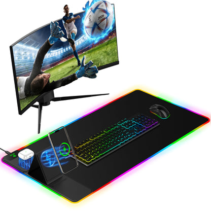 XXL Mouse Pad with Phone Holder - Black, RGB Desk Mat with 15W Fast Charging, LED Gaming Mousepad with 11 Light Colors, Waterproof Non-Slip Pad for Office & Home (Black with PD Adapter)