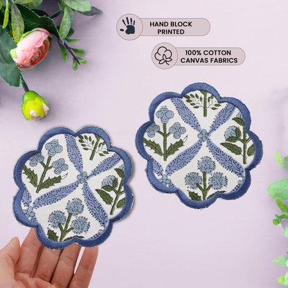 Ridhi 8-Pcs 100% Cotton Hand Block Print Drink Coasters 5" in Steel Blue