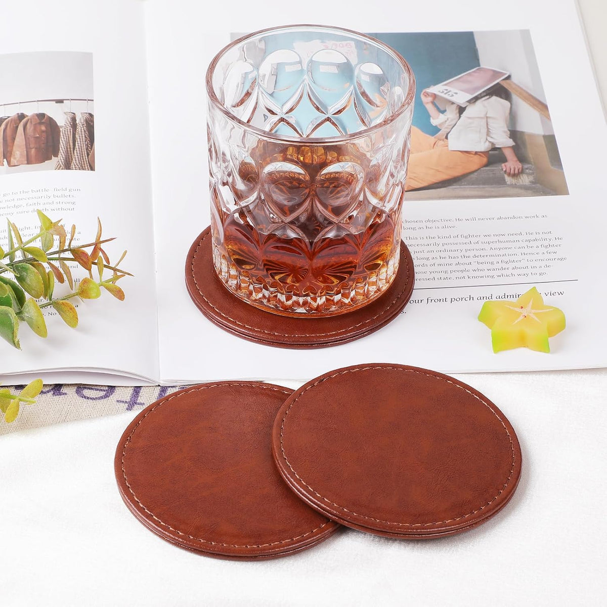 Leather Coasters Set of 6 with Holder, Tabletop Protection, Coffee Table & Bar Decoration, Modern-Style Drink Coasters Suitable for Home Dining Tables & Kitchen Accessories (Brown)