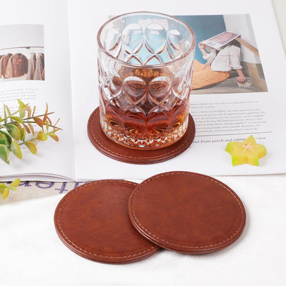 Leather Coasters Set of 6 with Holder, Tabletop Protection, Coffee Table & Bar Decoration, Modern-Style Drink Coasters Suitable for Home Dining Tables & Kitchen Accessories (Brown)