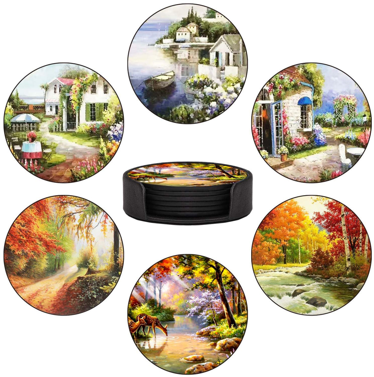 Coasters Set of 6 - Van Gogh Style PU Leather Coasters for Drinks with Holder - Handmade Round Drink Coasters Set for Home Decor and Housewarming Gift