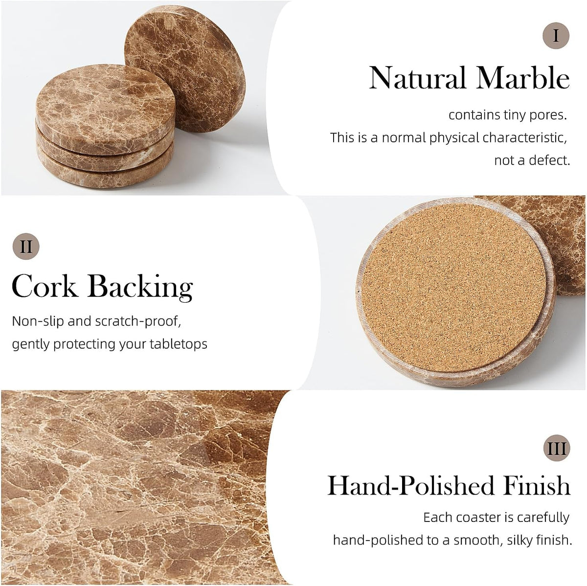 Natural Marble Coaster Set of 4.Round Drinks Coasters,Non-Ceramic/Non-Resin