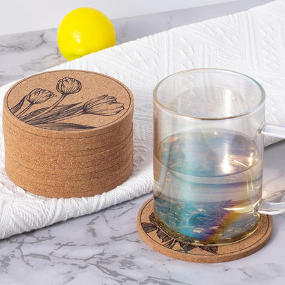 Cork Coasters for Drinks Absorbent Non Slip 12pcs 4 Inch Flower