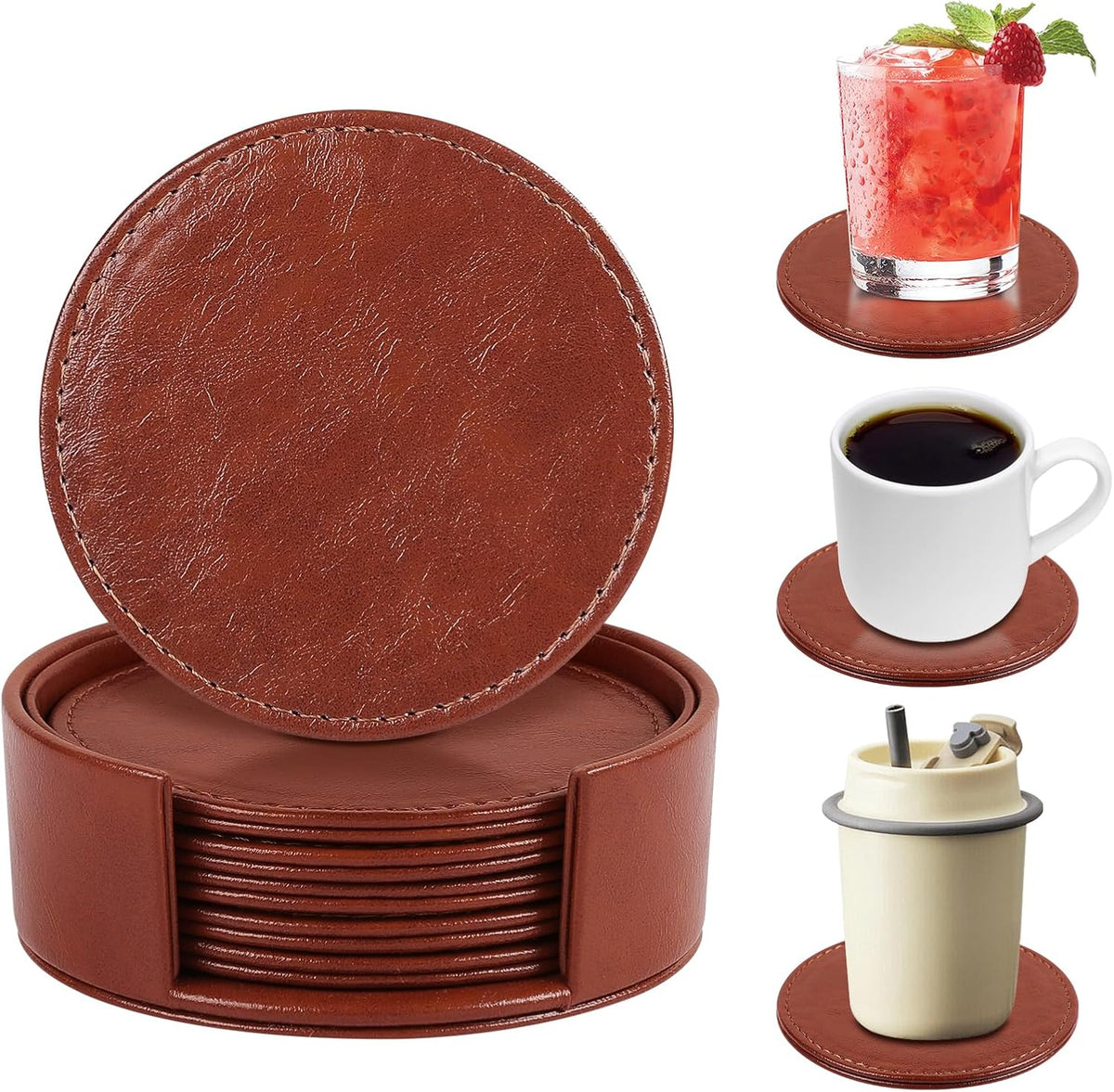 Leather Coasters Set of 6 with Holder, Tabletop Protection, Coffee Table & Bar Decoration, Modern-Style Drink Coasters Suitable for Home Dining Tables & Kitchen Accessories (Brown)