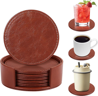 Leather Coasters Set of 6 with Holder, Tabletop Protection, Coffee Table & Bar Decoration, Modern-Style Drink Coasters Suitable for Home Dining Tables & Kitchen Accessories (Brown)